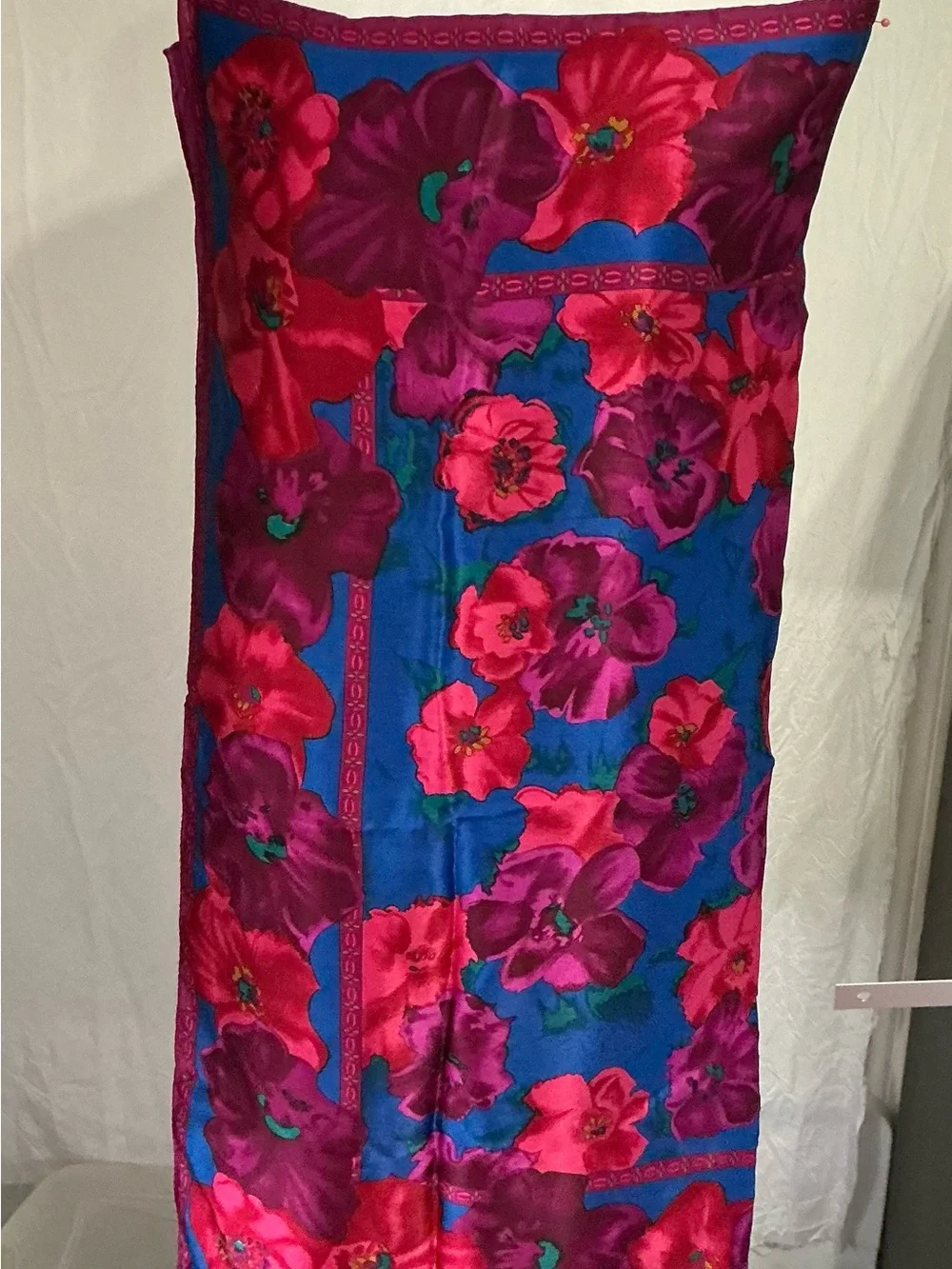 Vibrant Floral Silk Scarf in Magenta and Blue